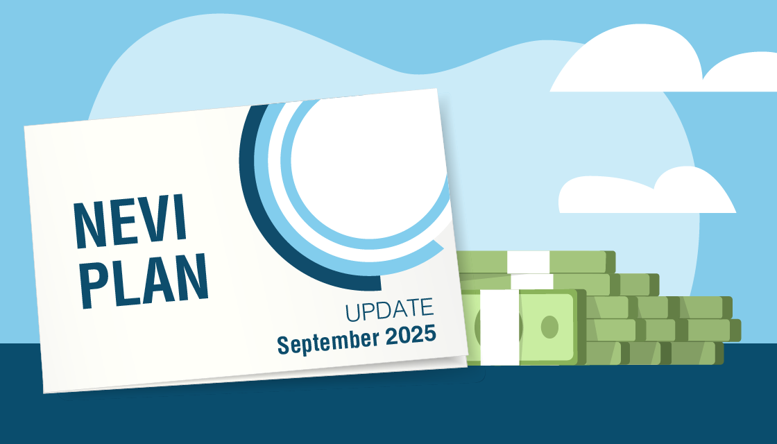 NEVI Plan Update September 2025 document with stacks of money on a blue background with clouds