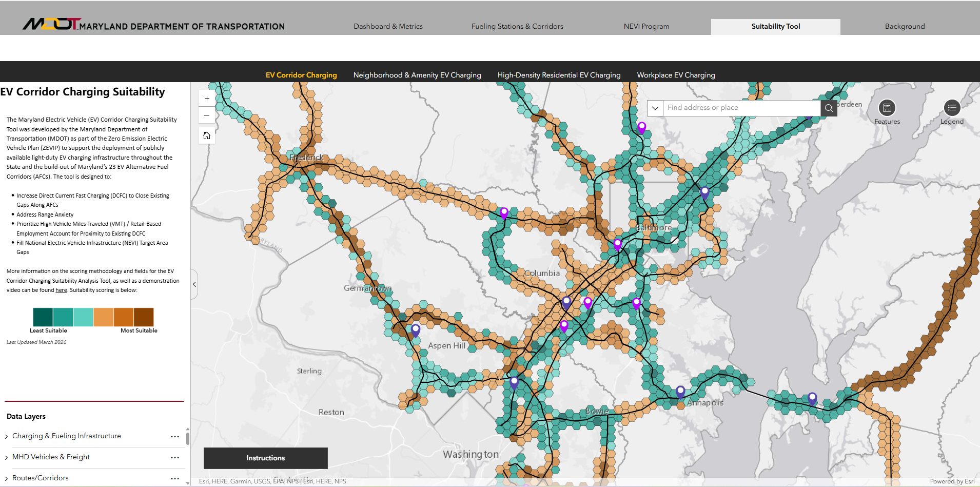 Suitability_Screenshot_Update_6-15-26 Screenshot of the Maryland EV Charging Suitability Analysis interactive map tool